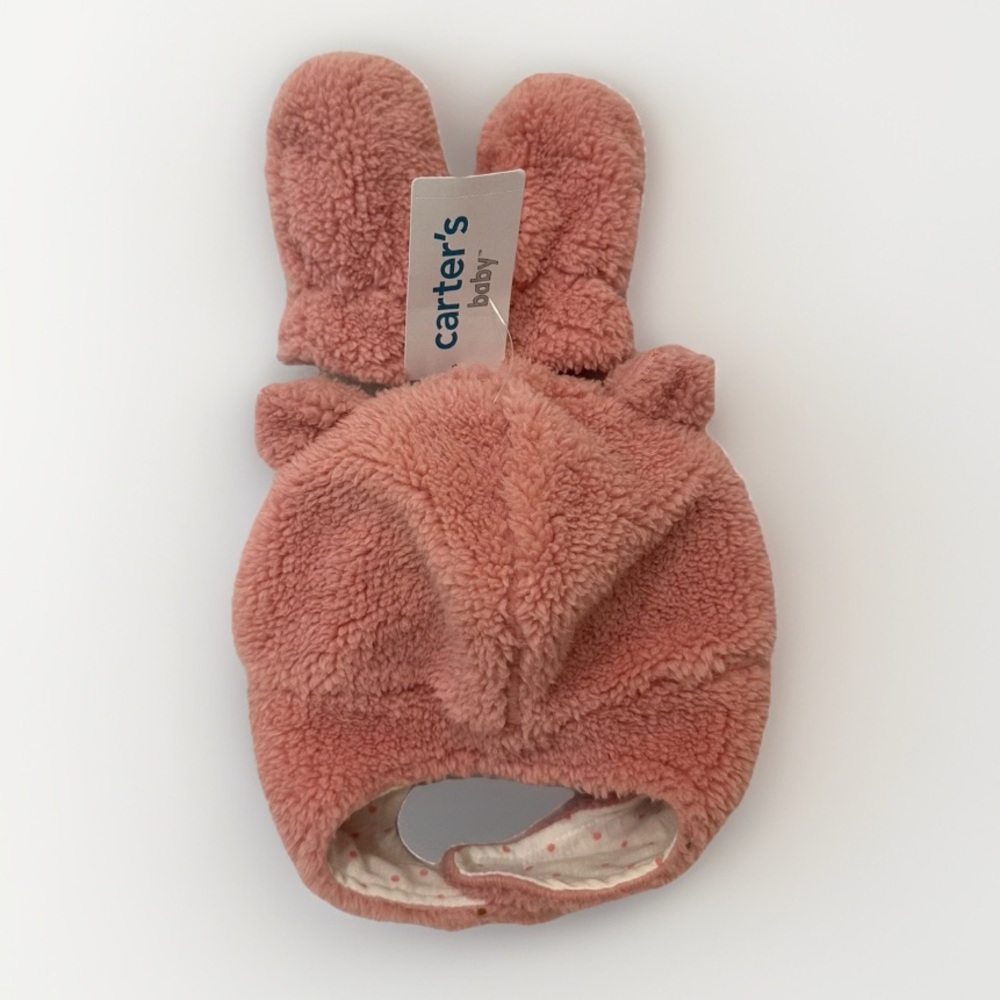Carters Baby Girl Hat & Mitten Set Lined With‎ Chin Strap Pink 0-9M NWT